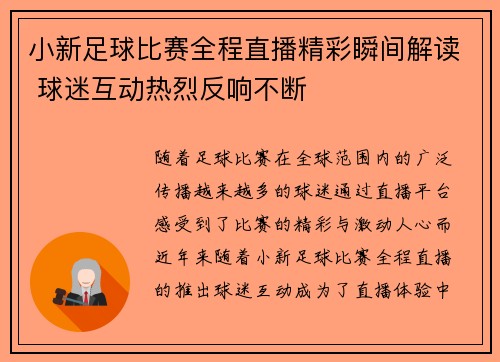 小新足球比赛全程直播精彩瞬间解读 球迷互动热烈反响不断